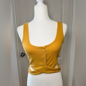 NWOT Mustard Yellow Privacy Please Wrap Crop Top, Size Small
